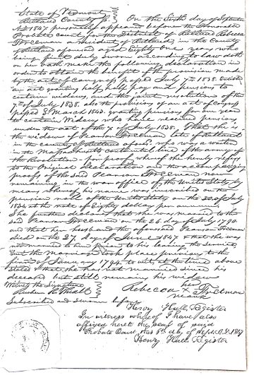 FREEMAN, Pearson - widow petition for pension benefits 1847 1